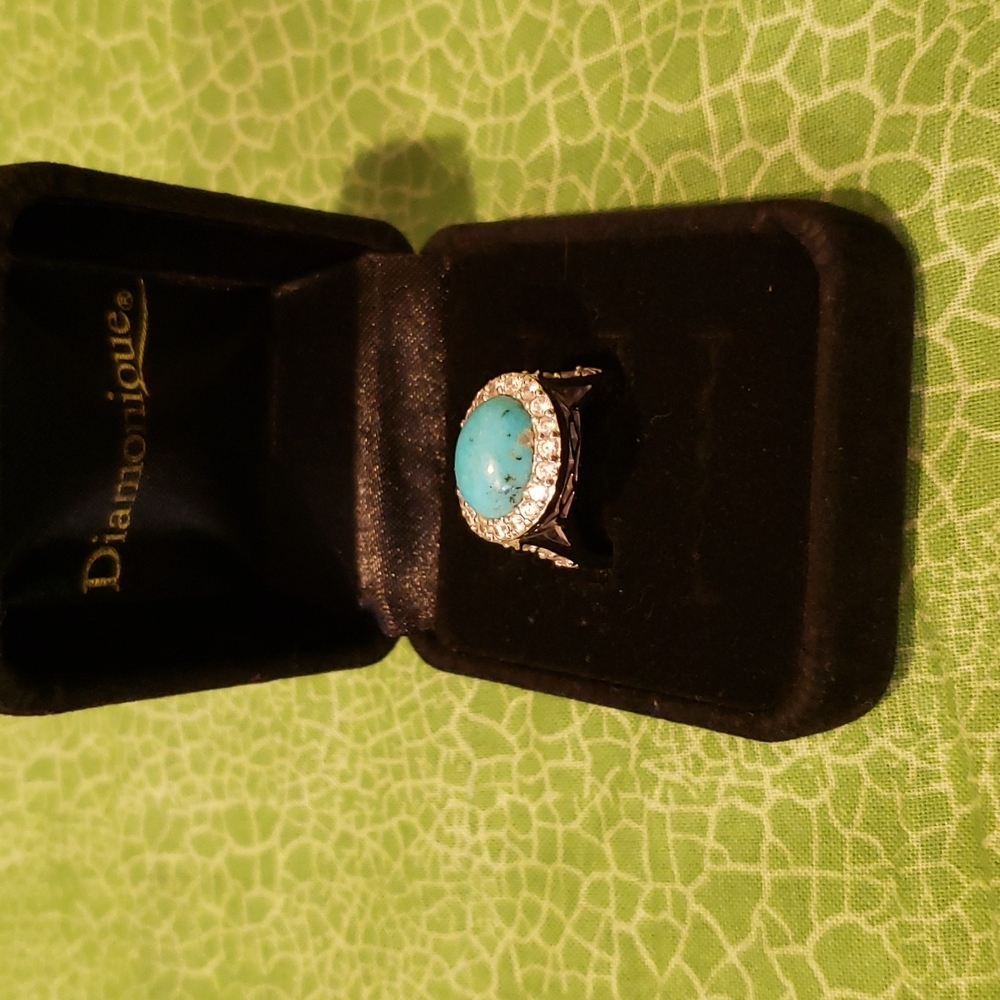 Turquoise,  diamonique, platinum over sterling ring